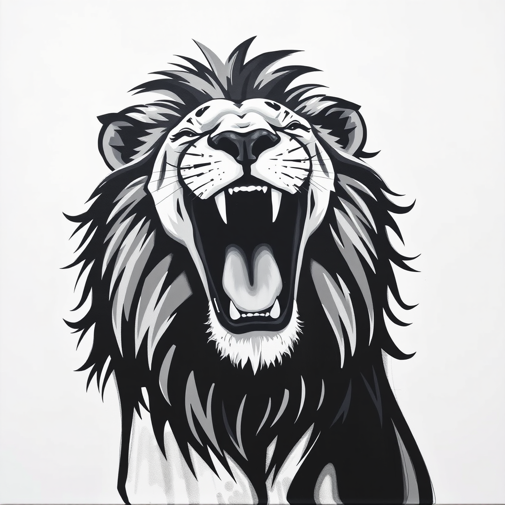 Abstract black and white acrylic portrait of an over exaggerated laughing (lion). Minimalism style. White background.