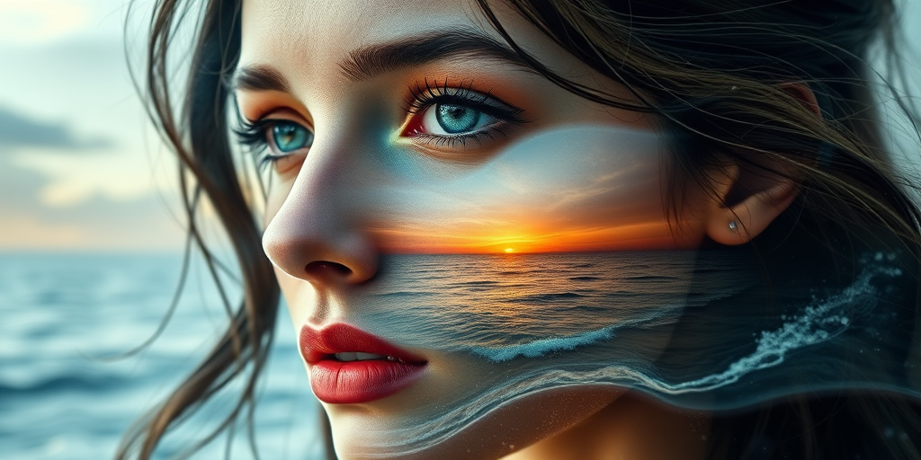 imagine Book cover, A surreal double exposure portrait that blends a woman's face with a beautiful seascape. The overall mood is dreamy and mystical, with rich colors and intricate details