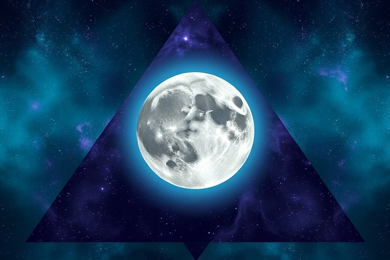 Create a triangular illustration featuring a large, detailed full moon centered within a vibrant cosmic background of teal and purple hues, captured with a DSLR camera at f/1.8, ISO 100, and a 50mm lens for enhanced clarity and depth of field.