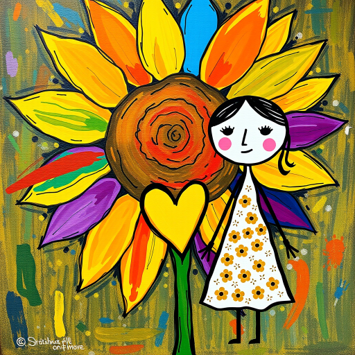 Stylized impressionism painting of a large sunflower with an oversized center and colorful petals. Beside, a young female character with eyes represented by dots and a mouth by a line, pink cheeks, hair attached, arms and legs a black line, flowery white dress triangle shape. A yellow heart surrounded by a black line between the two. Textured background with touches of colorful paint. Childish style.
