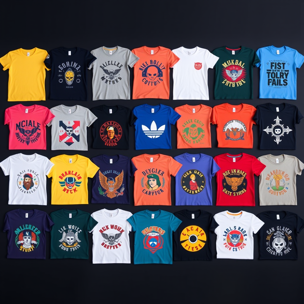 Create an image featuring a grid of various t-shirt designs with a vibrant color palette on a solid dark background, using a DSLR camera set to f/4 aperture, 1/125 shutter speed, ISO 100 for clarity, macro lens for fine details, and top-down view for symmetry.