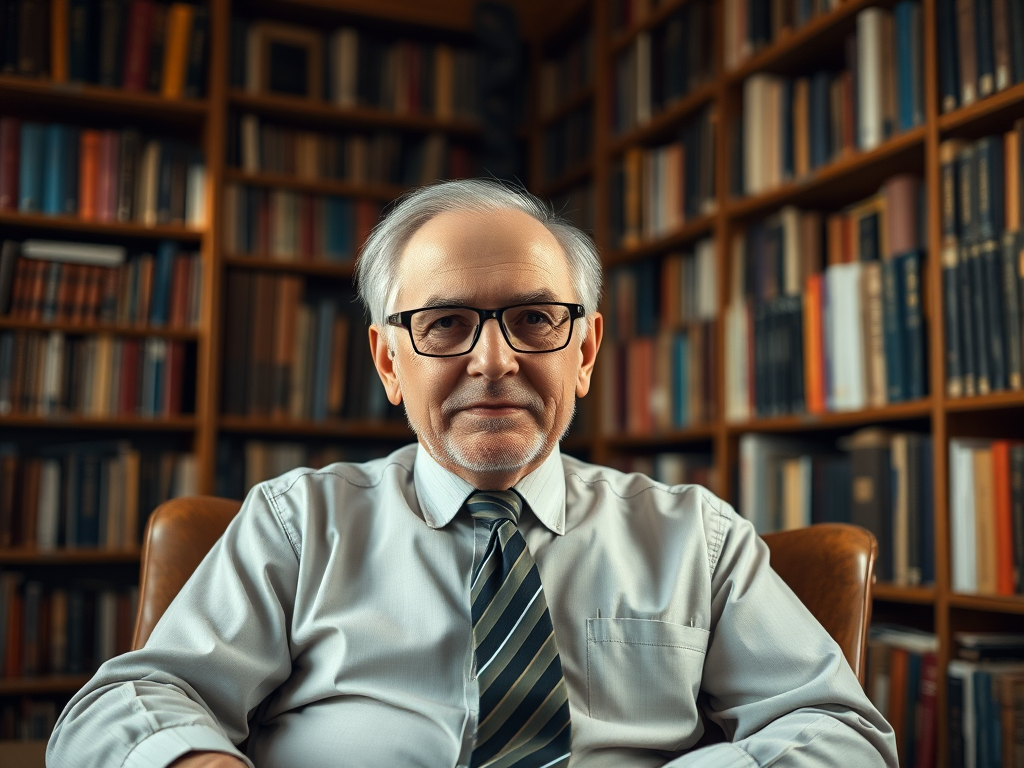 Create a portrait of an elderly man with glasses and a striped tie seated in a cozy library filled with books, using a Canon EOS R5 with a 50mm lens, aperture set to f/1.8, ISO 100, and soft natural lighting for a warm atmosphere.