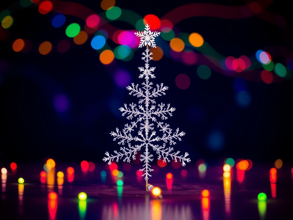 Create a vibrant abstract image of a Christmas tree made of snowflakes, set against a dark background with colorful flowing lights; use a DSLR camera, 50mm lens, f/1.8 aperture, 1/60 shutter speed, ISO 200, and a low-angle view to enhance the light reflection and depth.