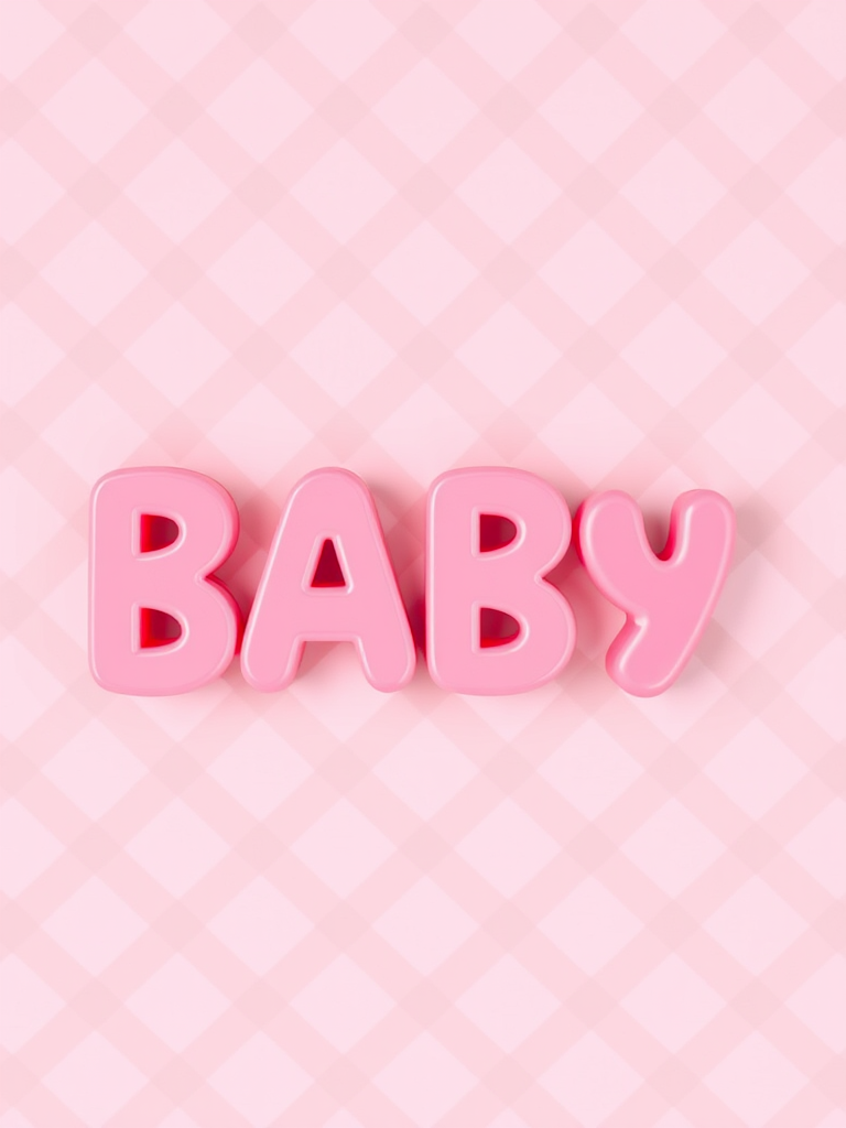 Create an image of the word "BABY" in large, playful pink letters against a diagonal diamond pattern background, using a DSLR camera with a 50mm lens, aperture set at f/2.8, ISO 100, and a top-down view for enhanced clarity and color vibrancy.