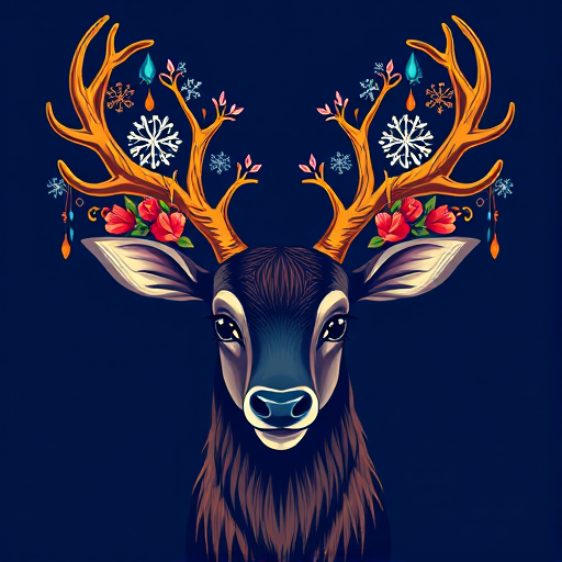 Create a vibrant illustration of a stylized reindeer with ornate antlers featuring snowflakes and floral elements, set against a dark blue background, using a digital camera with a 50mm lens, f/2.8 aperture, 1/125s shutter speed, and vibrant color settings.