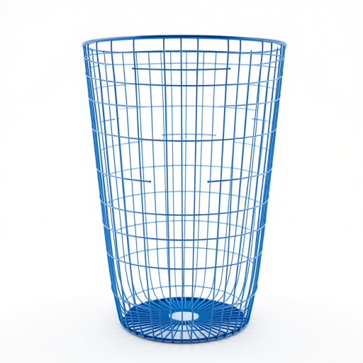 Create a high-resolution 3D rendering of a blue wire mesh wastebasket with a transparent background, using a Canon EOS R5 camera, 50mm lens, f/1.8 aperture, ISO 100, and a 1/125s shutter speed, shot from a slightly elevated front angle with soft studio lighting for enhanced detail and depth.