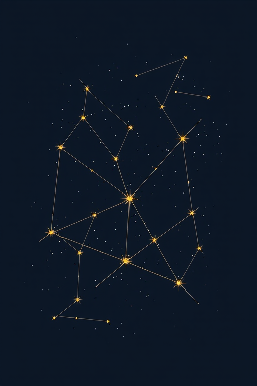 Create an illustration of a constellation with stars connected by lines, set against a dark background, using a Canon EOS 5D Mark IV with a 50mm f/1.8 lens, aperture at f/2.8, ISO 800, shot from a wide-angle view to enhance depth and detail.