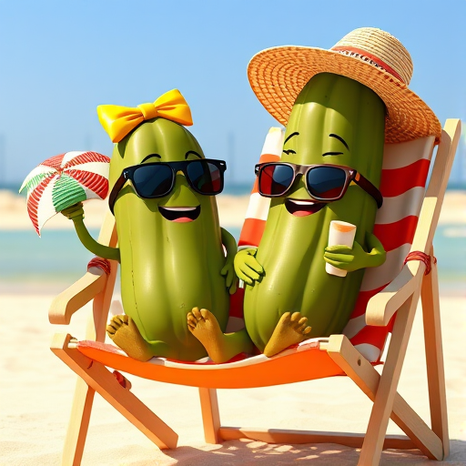 Generate an animated image of two cartoon pickles relaxing on a beach chair, one wearing a yellow bow and a sun hat, both wearing sunglasses and applying sunscreen, high-resolution, bright colors, shot with a Canon EOS 5D Mark IV, f/4.0, ISO 100, 24mm lens, natural lighting.