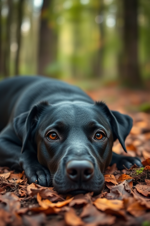 A close-up shot of a black dog lying on a forest floor covered in leaves and moss, soft bokeh background, using a DSLR camera with a 50mm lens, aperture f/1.8, ISO 200, shutter speed 1/250s, natural light to enhance image quality.