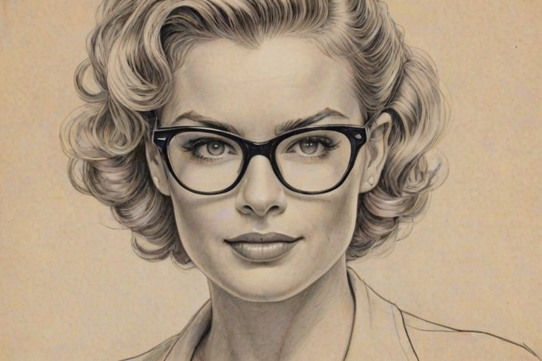 Wonderful Rebecca Romijn, pencil sketch, portrait of Stunning woman 1936s in glasses, hair style beatnik, outline, clear lines, fine lines, 8k