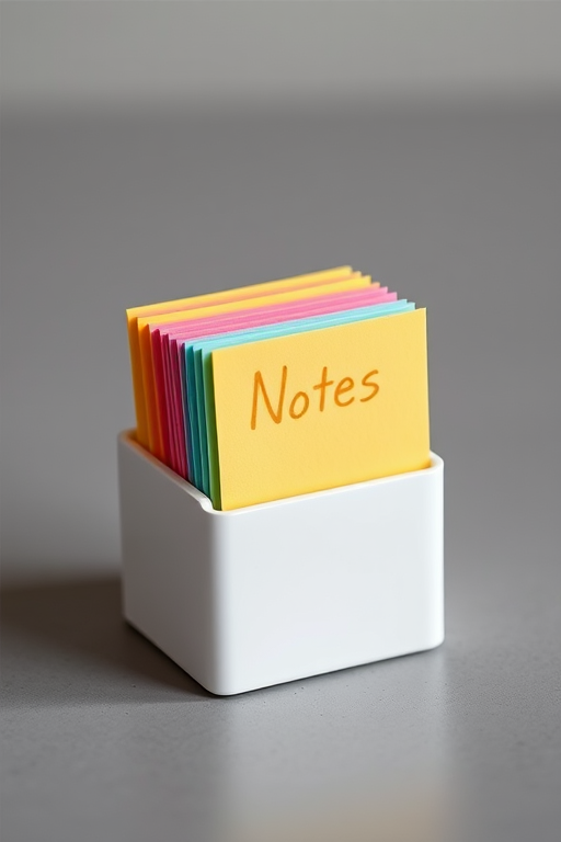 a stack of colorful sticky notes in a white holder on a smooth gray surface, shot with a DSLR camera at f/2.8 aperture, 50mm lens, ISO 100, in natural soft light with a shallow depth of field for enhanced focus and clarity