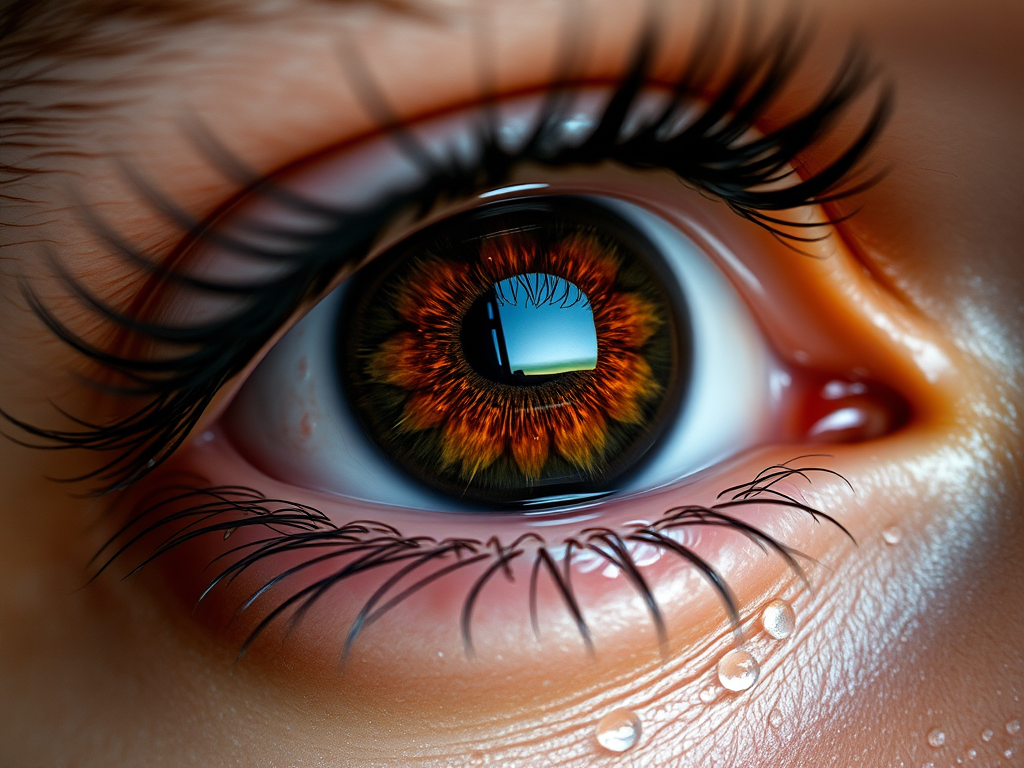 Close-up shot of a human eye with intricate details, focus on iris with orange and brown tones, water droplets on skin, dramatic lighting, camera settings: f/1.8, ISO 100, shutter speed 1/200s, camera view: macro, camera style: high contrast, camera type: DSLR.