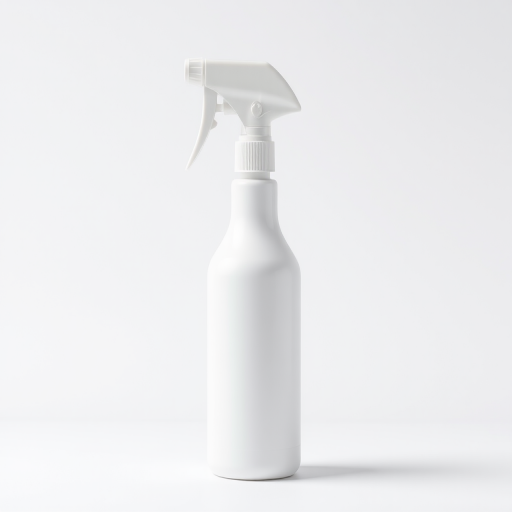 Generate a high-resolution image of a white spray bottle on a plain background, using a Canon EOS R5 with a 50mm lens, aperture set to f/2.8, ISO 100, and a soft diffused light setup for enhanced clarity and detail.