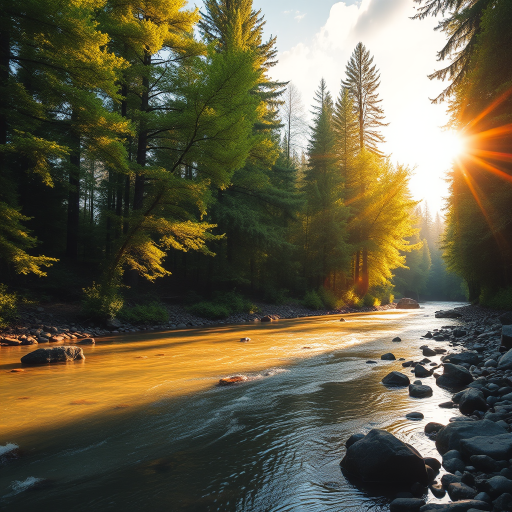 Create an image of a serene, sunlit forest scene with a clear, gently flowing river. Tall trees with lush green foliage line both sides of the river, their leaves bathed in the warm golden light of the setting or rising sun. The sunlight filters through the trees, casting soft, dappled light on the river, which flows over smooth rocks and pebbles, creating a peaceful, natural atmosphere. The sky is bright with a few scattered clouds, and the overall mood is tranquil, evoking a deep sense of connection with nature. The image captures the beauty of a calm, pristine forest landscape at either dawn or dusk.