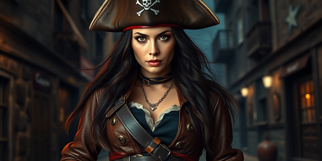 Create a portrait of a fierce female pirate. She wears a leather tricorn hat adorned with a skull and crossbones emblem, and her long, dark hair flows around her face. Her outfit consists of a richly detailed leather jacket, a corset, and multiple layers of belts and accessories, giving her a formidable and stylish appearance. She stands confidently in a dimly lit, historic port town, with a backdrop of weathered buildings and cobblestone streets, capturing the adventurous spirit of a pirate.
