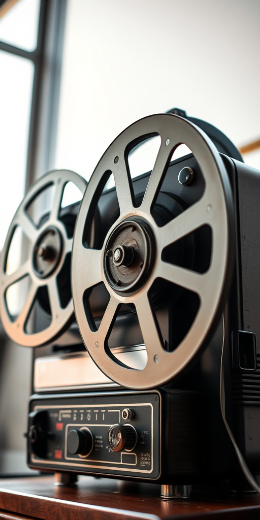 Create a high-resolution image of a vintage film projector with reels, captured from a low angle to emphasize its design, using a DSLR camera at f/2.8 aperture, ISO 100, 1/60s shutter speed, in natural light for enhanced details and colors.