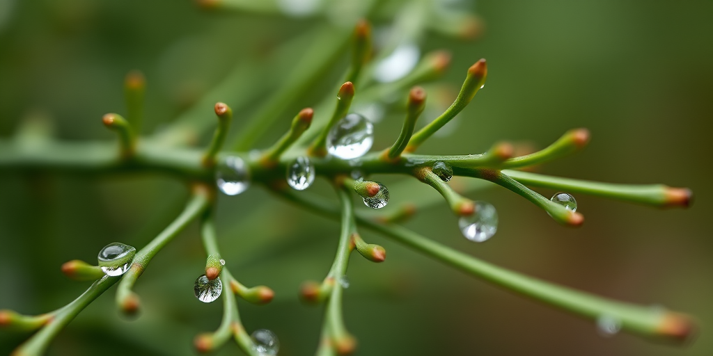 Close-up shot of green twigs with water droplets, shallow depth of field, soft natural light, ISO 100, f/2.8 aperture, 50mm lens, DSLR camera, macro photography style.