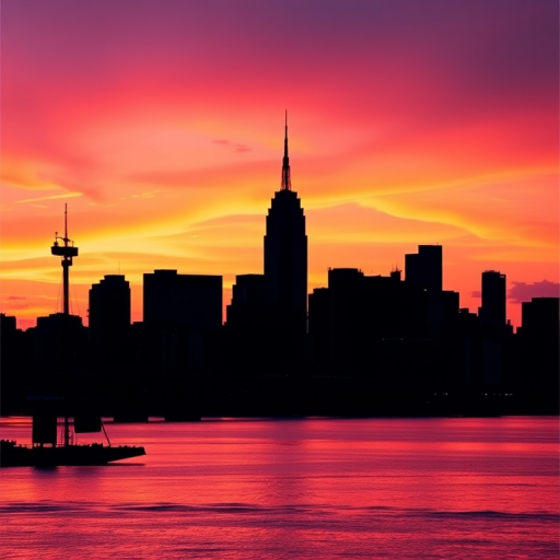Generate an image of a stylized black silhouette of a city skyline at sunset with vibrant orange and purple hues, using a Canon EOS R5 camera with a 50mm f/1.2 lens, ISO 100, aperture f/11, shutter speed 1/125s, capturing a panoramic view for a high-quality, detailed representation.