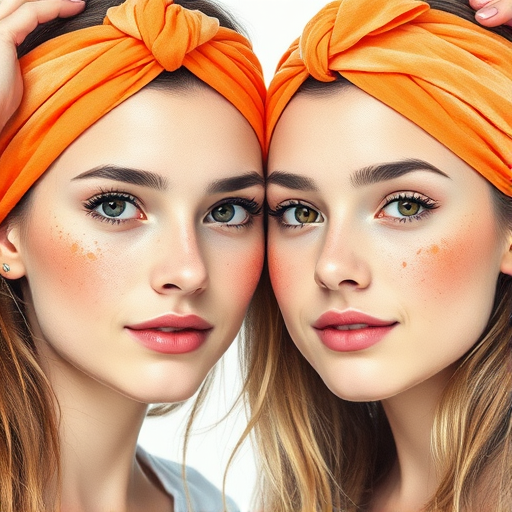 Create a high-resolution watercolor portrait of two young women with vibrant orange headbands, showcasing detailed facial features and a blend of soft pastels; use a DSLR camera, aperture f/2.8, ISO 100, 50mm lens for sharp focus, natural lighting, and a slight bokeh effect for an artistic touch.
