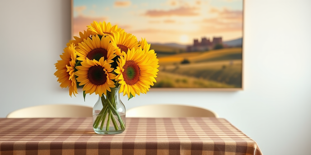 A minimalist still life featuring a vase of sunflowers on a brown checkered tablecloth, with a scenic landscape painting in the background, captured with a DSLR camera at f/4, ISO 100, 50mm lens, natural light, shallow depth of field.