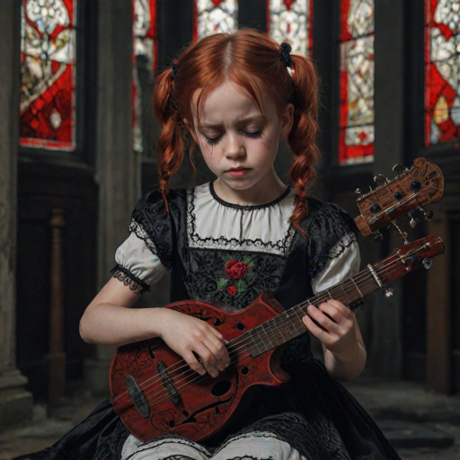 Close up realistic photo of a sad gothic little girl playing (instrument), red hair messy pigtails, black lace white dress with red detailed embroidery, abandoned gothic room with stained glass, closed eyes, horror cinematic lighting, dark fantasy, 4k, hdr,  uhd, detailed dress
