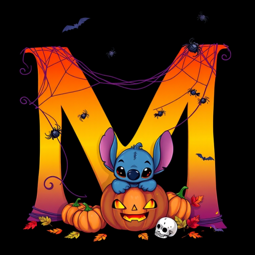 A whimsical and vibrant Halloween-themed digital illustration featuring the letter "M" adorned with spider webs, small bats, and cute spiders. At the base of the letter, a playful alien character similar to Stitch is peeking out from inside a carved pumpkin with glowing eyes, surrounded by additional pumpkins, a small skull, and autumn leaves. The letter is gradient-colored from orange to purple, adding a magical atmosphere to the scene, black background