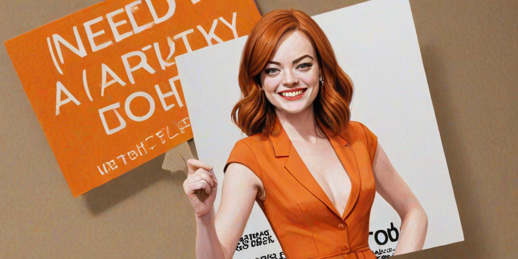 caricature of a smiling Emma Stone in a Tangerine dress or suit, holding up a sign that says "NEED A JOB", no watermark,