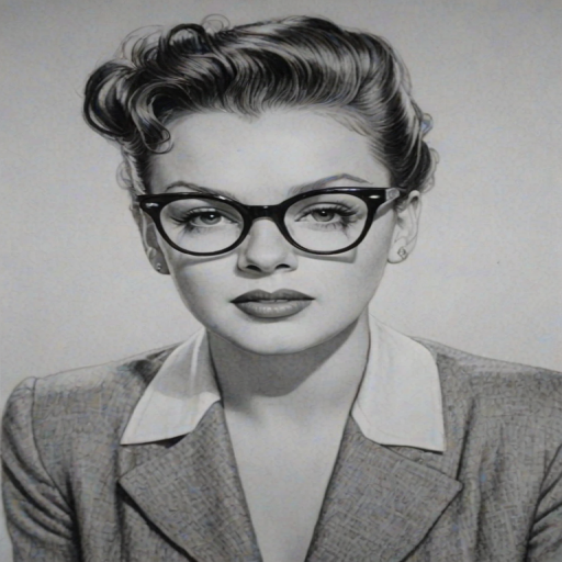 Superb Judy Garland, pencil sketch, portrait of Ravishing woman 1954s in glasses, hair style beatnik, outline, clear lines, fine lines, 8k