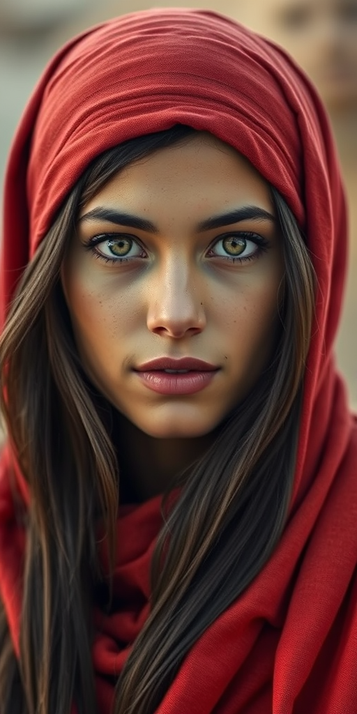 Create a portrait of a young Berber woman with long, dark hair and captivating hazel eyes. She is wearing a red headscarf and a matching scarf draped gracefully around her neck. The background is softly blurred, focusing attention on her serene and natural expression. The overall color palette is muted and warm, enhancing the intimate and authentic feel of the portrait.