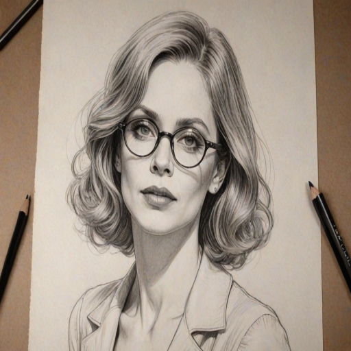 Bewitching Kristin Bauer, pencil sketch, portrait of Fascinating woman 1924s in glasses, hair style beatnik, outline, clear lines, fine lines, 8k