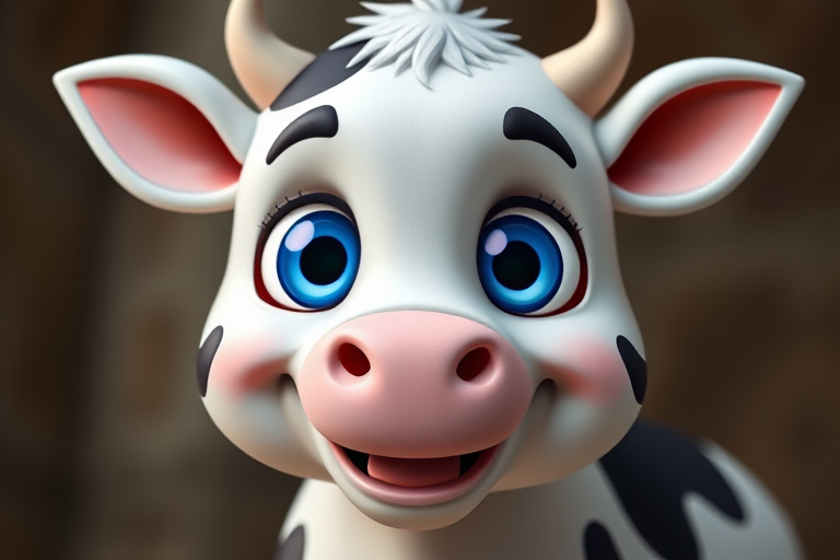 Draw a cartoon-style cow with large blue eyes, black and white spots, and a cheerful expression, using a DSLR camera at f/8 aperture, ISO 100, 50mm lens, and a 3-point lighting setup for enhanced vibrancy and depth.