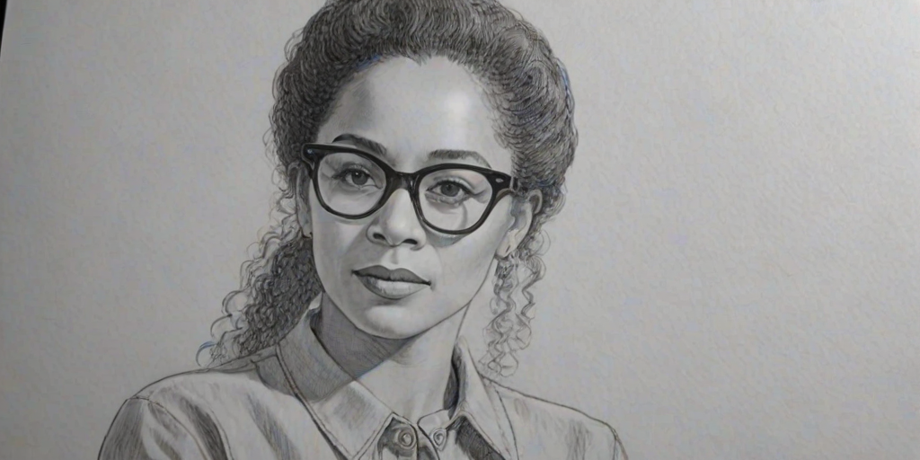 Charming Rae Dawn Chong, pencil sketch, portrait of Elegant woman 1950s in glasses, hair style beatnik, outline, clear lines, fine lines, 8k