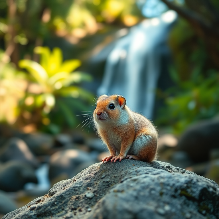 Create an image of a cute, fluffy creature resembling a small rodent sitting on a rock in a sunlit forest with a waterfall in the background, shot at 50mm, f/1.8 aperture, ISO 100, with a shallow depth of field to enhance bokeh, using a DSLR camera in natural light to improve detail and clarity.