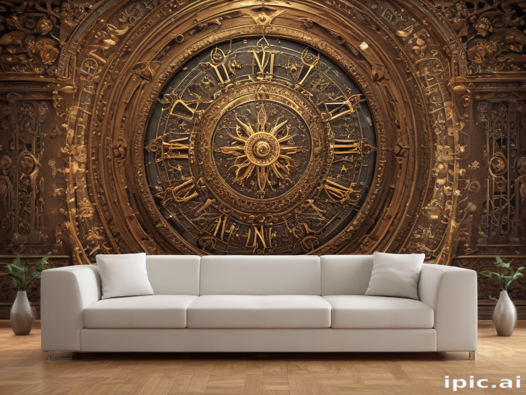 Elegant Living Room with a Stunning Vintage Clock Wall and Modern Sofa