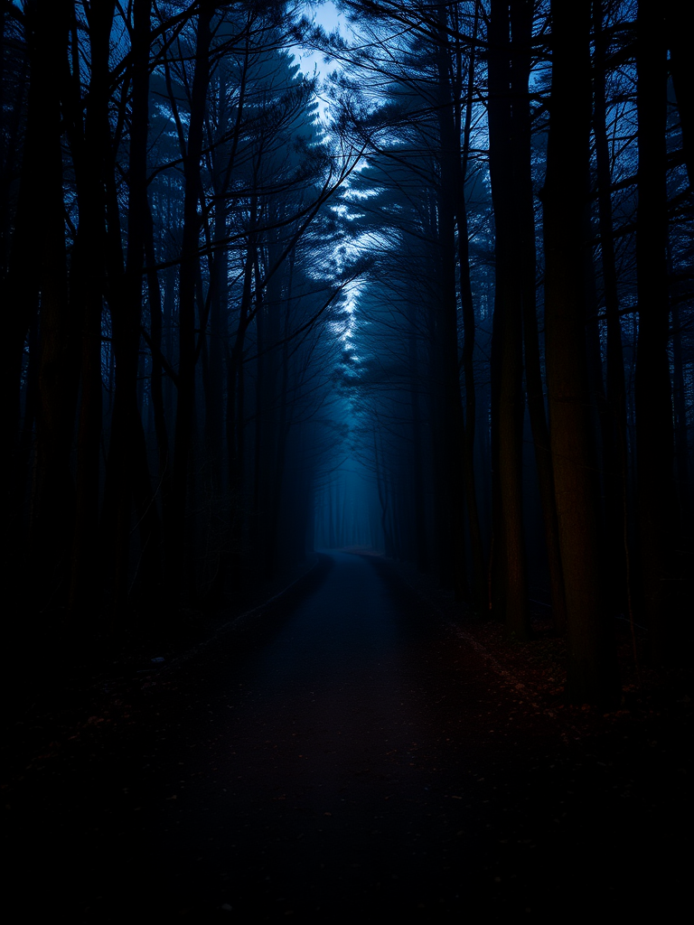 dark forest pathway at twilight with mist and shadows, ISO 800, f/2.8, 1/30s, wide-angle lens, shot from a low angle, DSLR camera