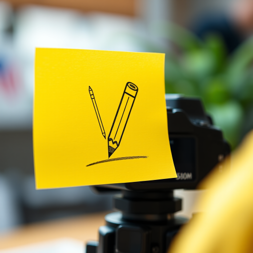 Create a high-resolution image of a yellow sticky note with a pencil illustration, using a DSLR camera with a 50mm lens, aperture f/2.8, ISO 100, and a shallow depth of field.