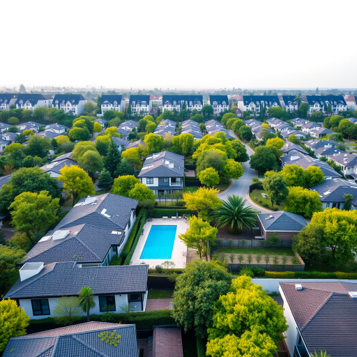 aerial view of a residential area with modern buildings and houses, vibrant green trees and blue pool, early morning light, 35mm lens, f/8 aperture, ISO 200, shoot at 1/200 sec, drone photography