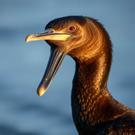 A close-up shot of a cormorant with a blurred bokeh background, using a DSLR camera with a 50mm f/1.8 lens, aperture set to f/2.8, ISO 200, shutter speed 1/1000 seconds, natural lighting during golden hour.