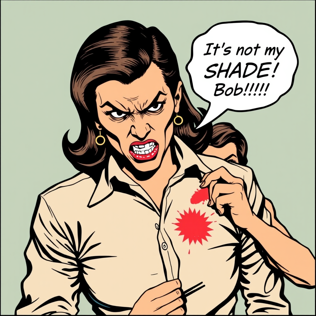 A pop art piece of a very angry wife discovering a lipstick stain on a man's dress shirt. Make the print on his collar. Put a word balloon above the wife's head that says 'It's not my SHADE Bob!!!'