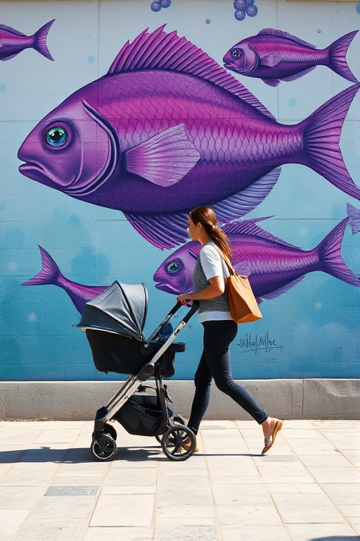 Regenerate the image of a woman walking with a stroller past a mural of purple fish on a wall, using a DSLR camera with a 50mm lens, aperture f/2.8, ISO 200, shutter speed 1/500s, natural lighting, from a slightly low angle for dynamic perspective.
