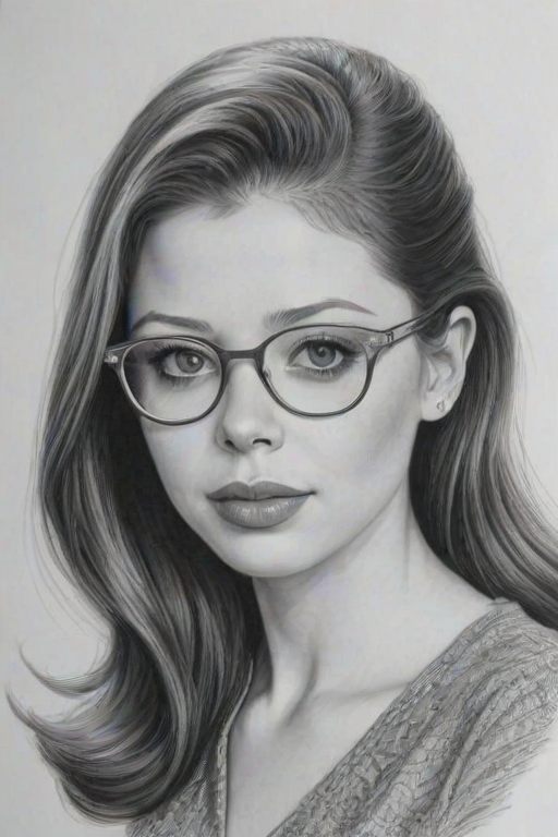 Charming Michelle Trachtenberg, pencil sketch, portrait of Enchanting woman 1951s in glasses, hair style beatnik, outline, clear lines, fine lines, 8k