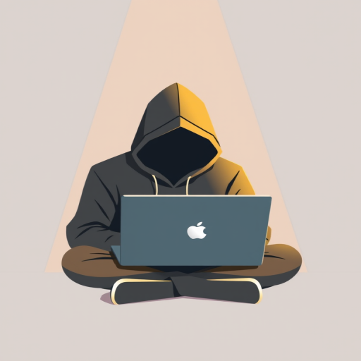 create an illustration of a hooded figure sitting at a laptop with a minimalistic background, camera settings: f/8, ISO 100, 1/60s, camera view: frontal close-up, camera style: flat design, camera type: digital artwork