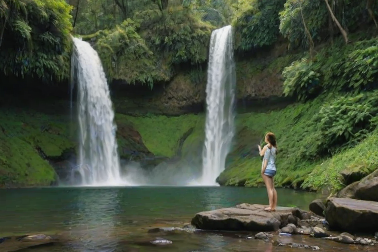Scenic waterfall surrounded by lush greenery, a woman standing at the edge, gazing at the cascading water, creating a moment of reflection and peace.