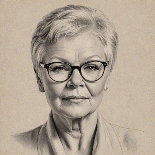 Lovely Judi Dench, pencil sketch, portrait of Magnificent woman 1944s in glasses, hair style beatnik, outline, clear lines, fine lines, 8k