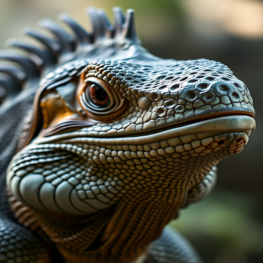 Close-up shot of a giant lizard head with intricate scales and a focused gaze, shallow depth of field, ISO 100, f/2.8 aperture, 85mm lens, natural lighting, DSLR camera.