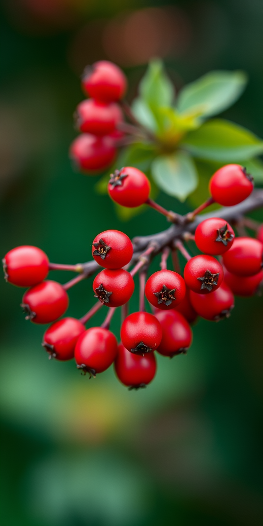 Capture a close-up of bright red berries on a branch with a blurred green background, using a DSLR camera with a 50mm f/1.8 lens, aperture at f/2.8, shutter speed of 1/200s, ISO 200, and a shallow depth of field for enhanced clarity and detail.