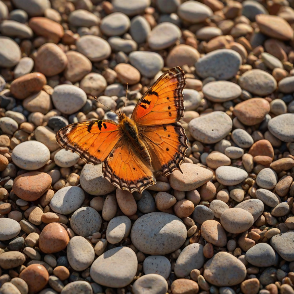 A vibrant orange and yellow butterfly with black markings is perched on a bed of small, brown pebbles in the warm, golden light of a setting sun. The butterfly is facing the viewer with its wings slightly raised, creating a sense of delicate movement. The background is a soft, blurred green and yellow, creating a gentle, natural atmosphere. The image is captured in a close-up perspective, focusing on the butterfly's intricate details and the warm glow of the sunlight.