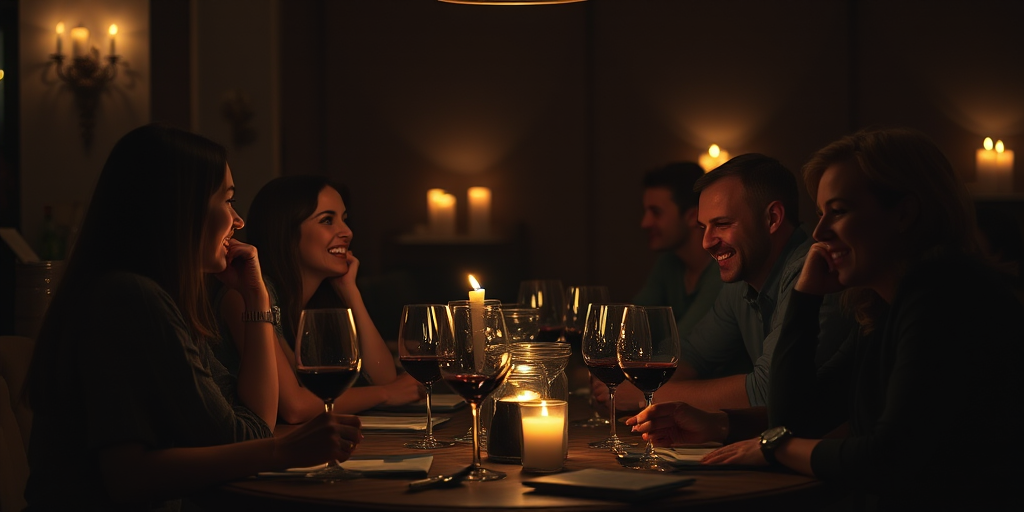 Low-light, intimate image of a group of friends sitting around a table in a dimly lit restaurant, soft glow from candles reflecting off wine glasses, quiet laughter and conversation filling the room, shadows flickering on the walls from the candlelight.