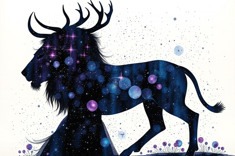 Captivating conceptual render alcohol ink art, double exposure, the paint strokes artfully merge combining a woman's full silhouette with a Elegant elk's silhouette. The figures are composed of a series of colored dots, lines & spots that evoke the image of a cosmic galaxy, colors are deep shades of blue purple & black with flashes of white & silver representing distant stars. The woman's silhouette is formed within the lion's silhouette from constellations of scattered stars, surreal