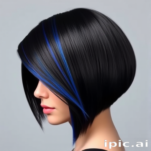 Dramatic jet black asymmetrical bob named "Obsidian Slate" featuring a razor-sharp angle and glossy finish, accentuated by a single streak of electric blue